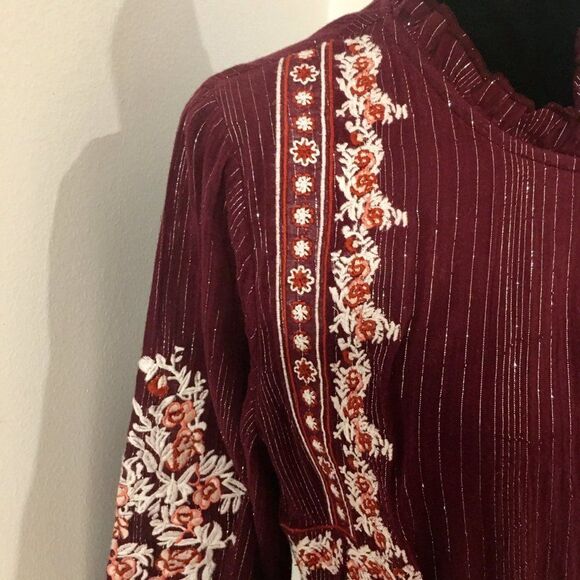 DOLAN Anthropologie Amber Burgundy Metallic Thread Wrap Embroidered Dress Medium - Picture 6 of 9
